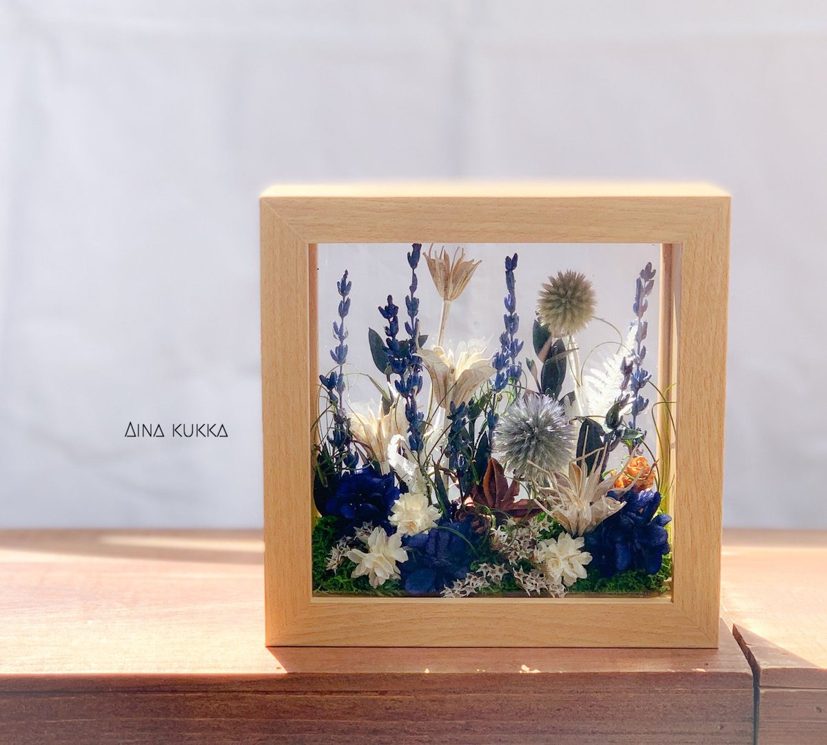 ガラスフレームアレンジ]ブルーガーデン/プリザーブド×ドライフラワー  