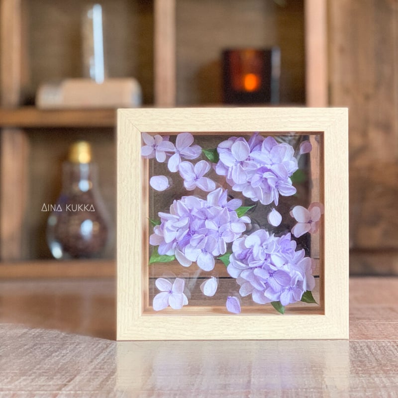 ガラスフレームアレンジ]あじさいアート(両面仕上げ)/プリザーブド