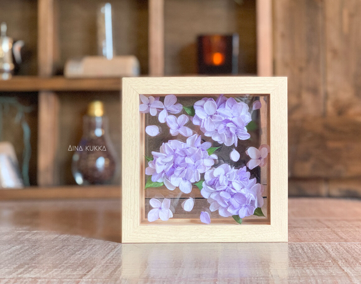 紫陽花と蝶　シーグラス／天然石／フレームアート／花／パープル 紫陽花と蝶 シーグラス／天然石／フレームアート／花／パープル 紫陽花