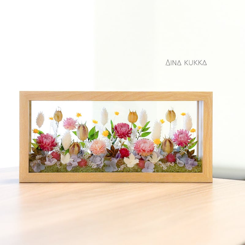 お供え花　プリザーブドフラワーのガラスフレームアレンジ ガラスフレームアレンジL]アーリーサマーガーデン/ドライ
