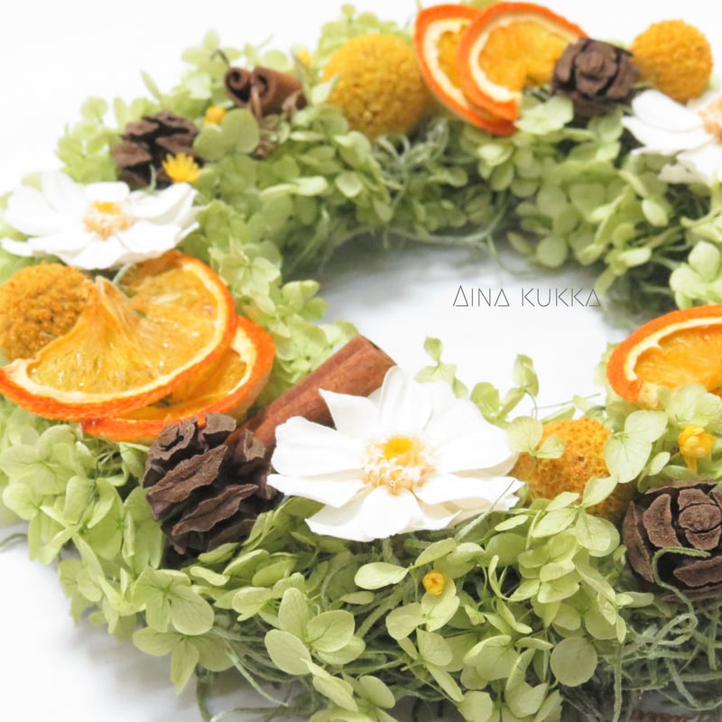 フラワーリース］オレンジとジニアの紫陽花リース/プリザーブド 