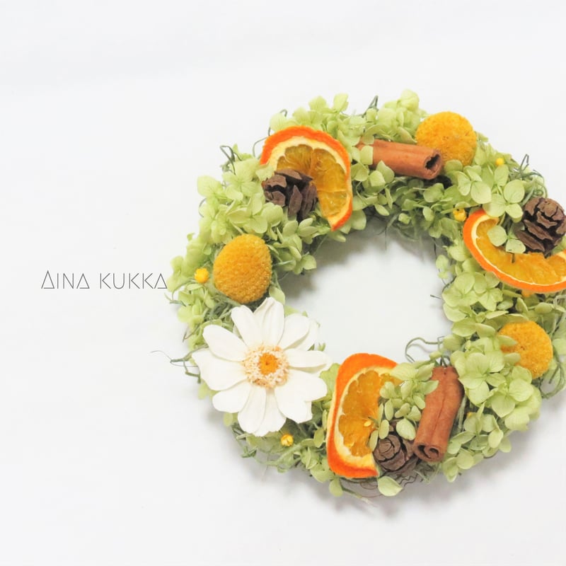 フラワーリース］オレンジとジニアの紫陽花リース/プリザーブド