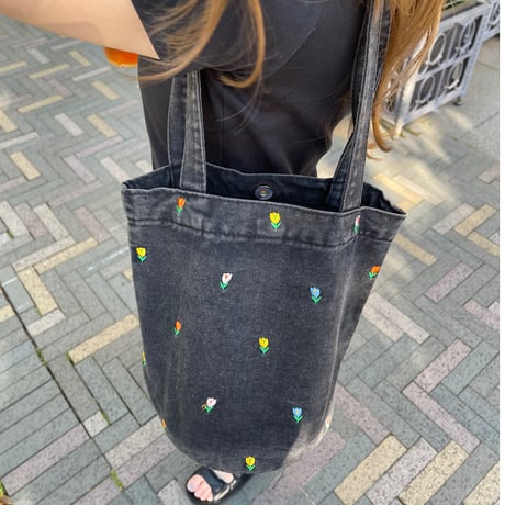 Flower denim tote(Black)