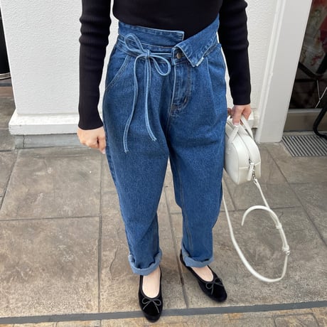 Ribbon high-waist rollup denim(Blue)