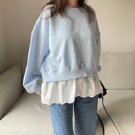 Cotton lace layerd sweat(Blue)