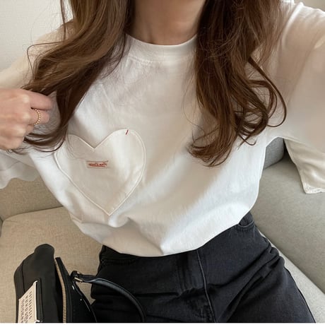 Heart pocket long t-shirts(White)