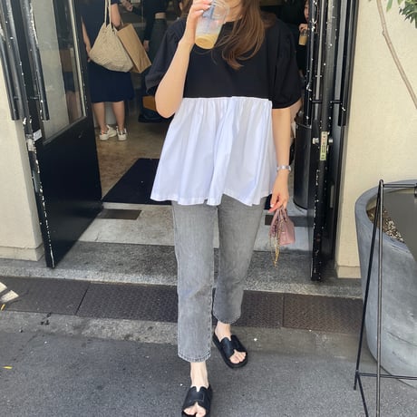 Contrast puff sleeve tops(Black)
