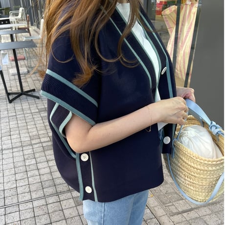 Piping knit cardigan(Navy)