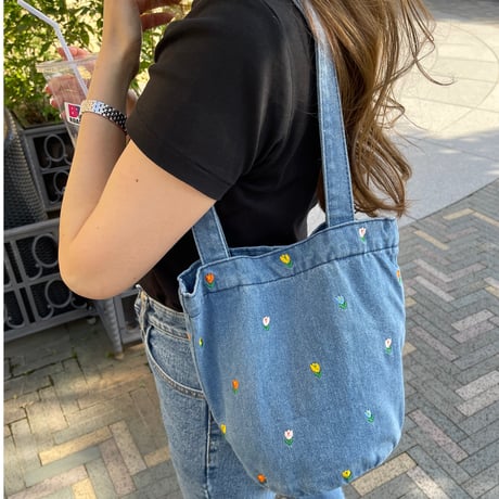 Flower denim tote(Light blue)