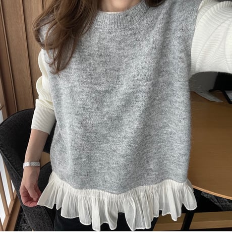 chiffon frill knit vest(Gray)