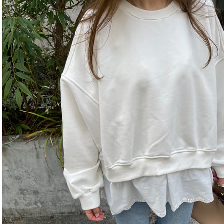 Cotton lace layered sweat(White)