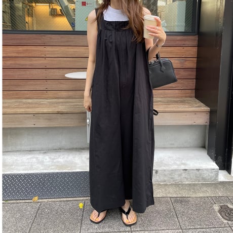 Wide pants cotton salopetto(Black)