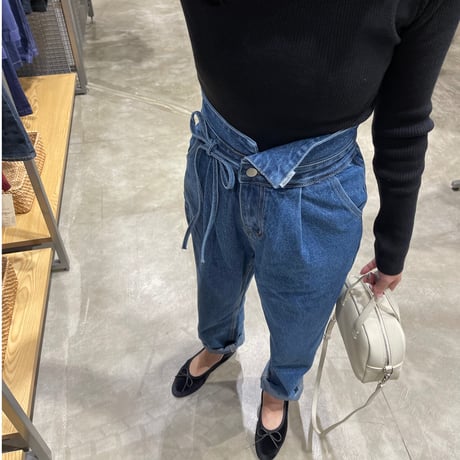 Ribbon high-waist rollup denim(Blue)