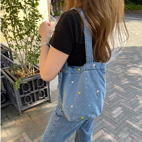 Flower denim tote(Light blue)