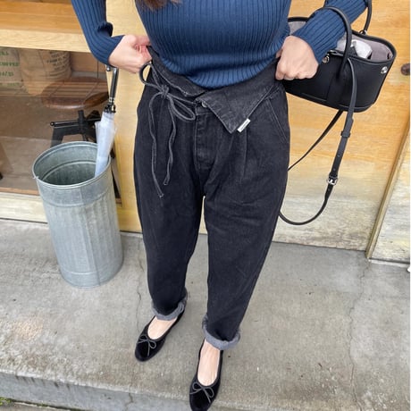 Ribbon high-waist rollup denim(Black)