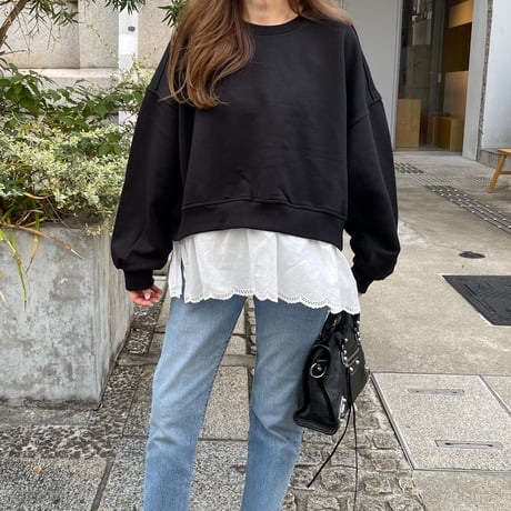 Cotton lace layered sweat(Black)