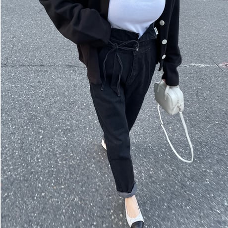 Ribbon high-waist rollup denim(Black)