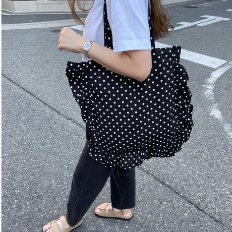 Dot frill tote bag(Black)