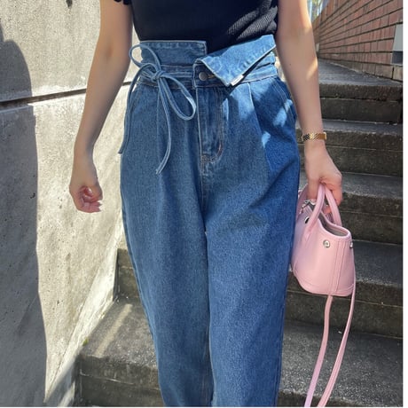 Ribbon high-waist rollup denim(Blue)