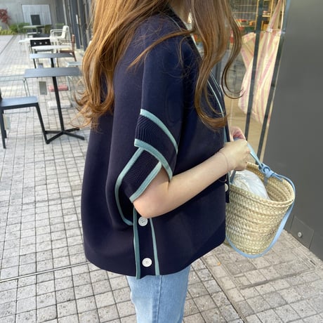 Piping knit cardigan(Navy)