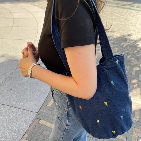 Flower denim tote(Dark blue)