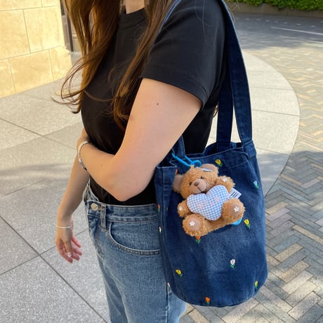 Flower denim tote(Dark blue)