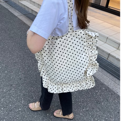 Dot frill tote bag (White)