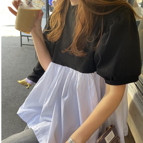 Contrast puff sleeve tops(Black)