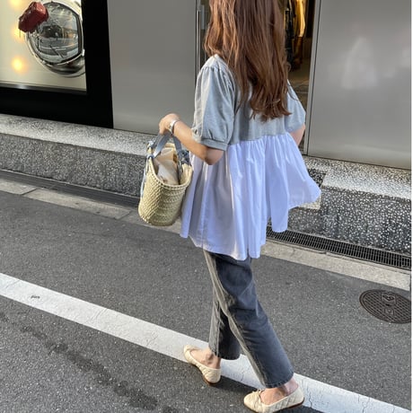 Contrast puff sleeve tops(Gray)