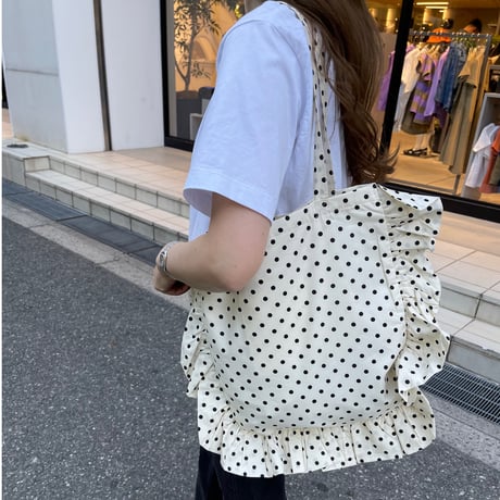 Dot frill tote bag (White)
