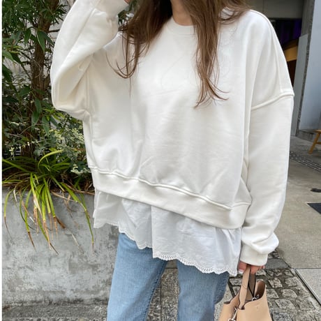 Cotton lace layered sweat(White)