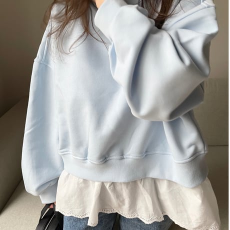 Cotton lace layerd sweat(Blue)