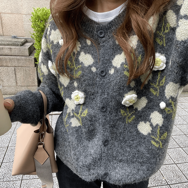 Flower pompon cardigan(Gray) | K