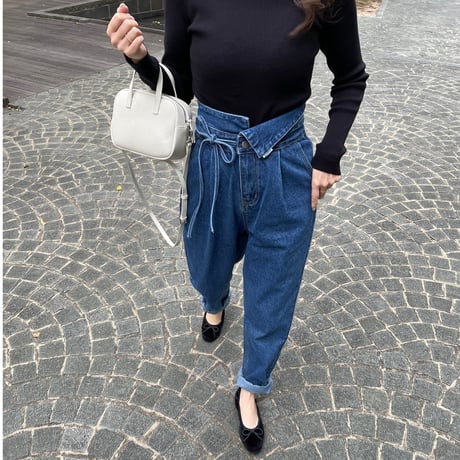 Ribbon high-waist rollup denim(Blue)