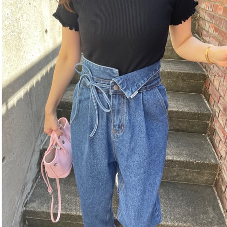 Ribbon high-waist rollup denim(Blue)