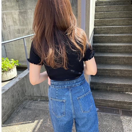 Ribbon high-waist rollup denim(Blue)