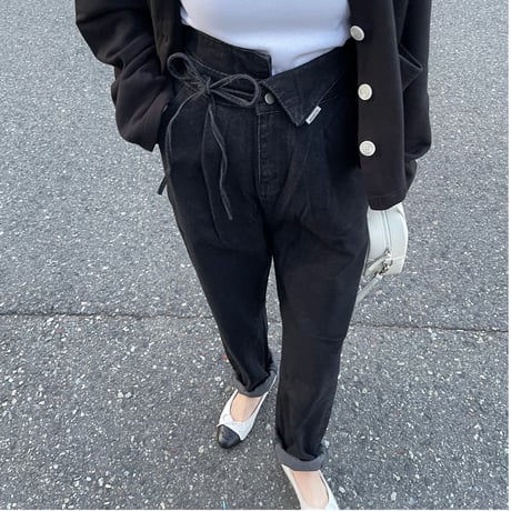 Ribbon high-waist rollup denim(Black)