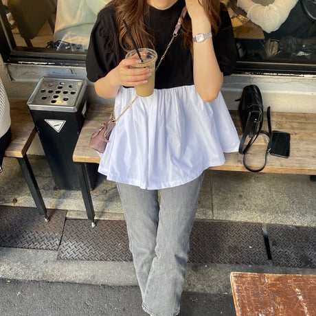 Contrast puff sleeve tops(Black)