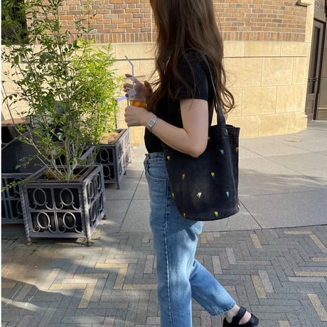 Flower denim tote(Black)