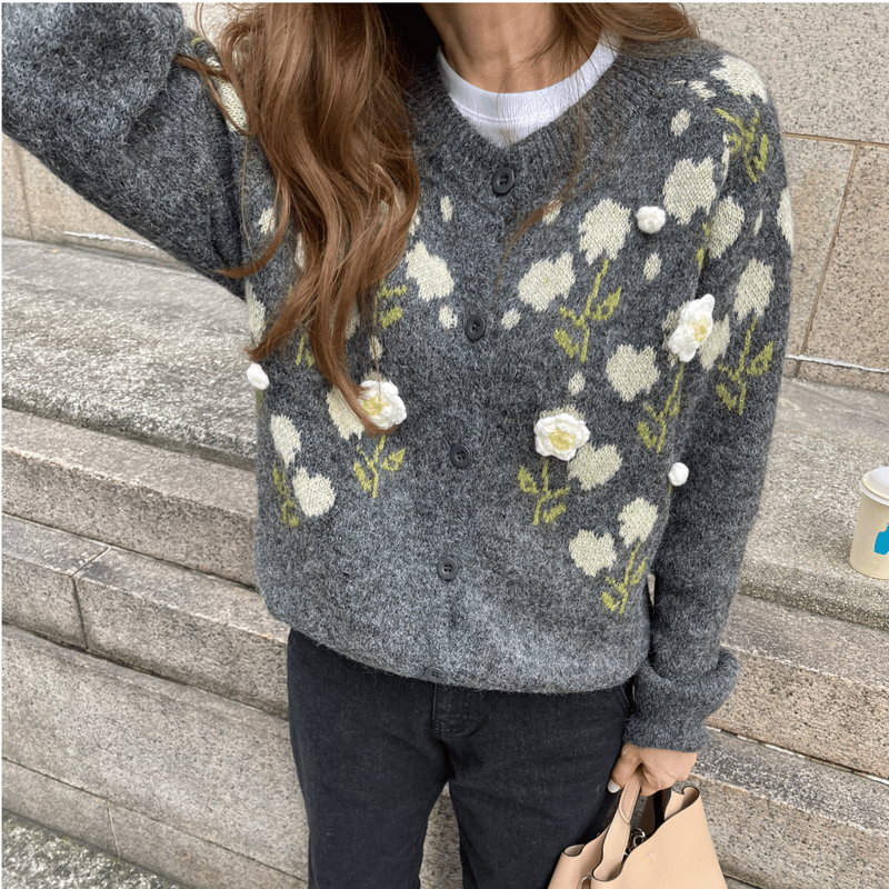 Flower pompon cardigan(Gray) | K