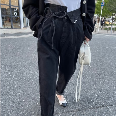Ribbon high-waist rollup denim(Black)