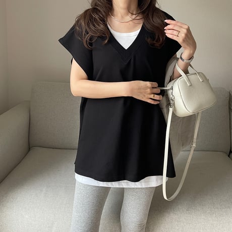 V-neck sweat vest(Black)