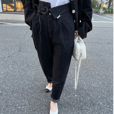 Ribbon high-waist rollup denim(Black)