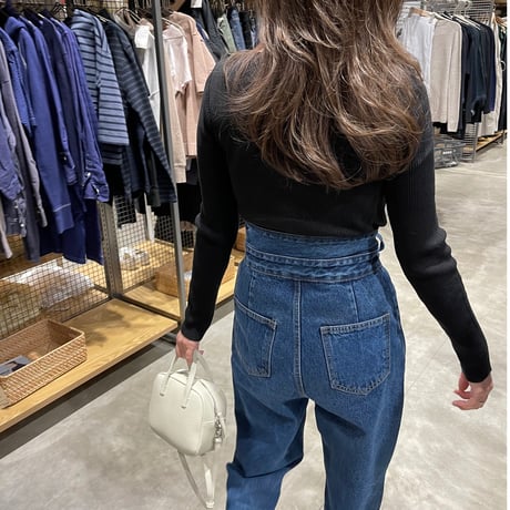 Ribbon high-waist rollup denim(Blue)