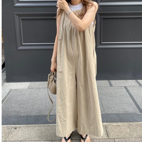 Wide pants cotton salopetto(Beige)