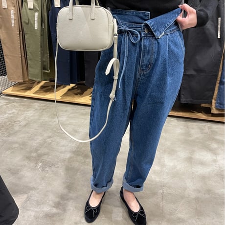 Ribbon high-waist rollup denim(Blue)
