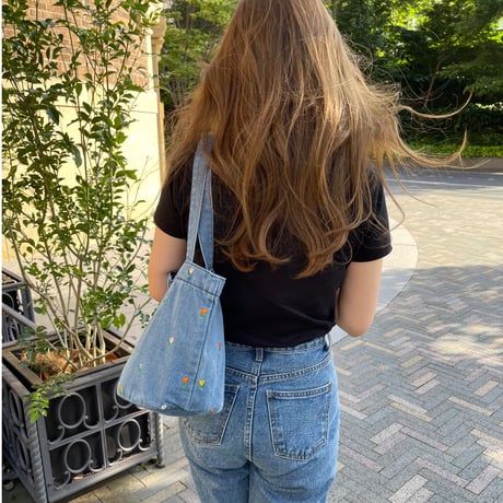 Flower denim tote(Light blue)