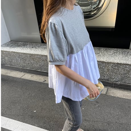 Contrast puff sleeve tops(Gray)
