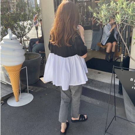 Contrast puff sleeve tops(Black)