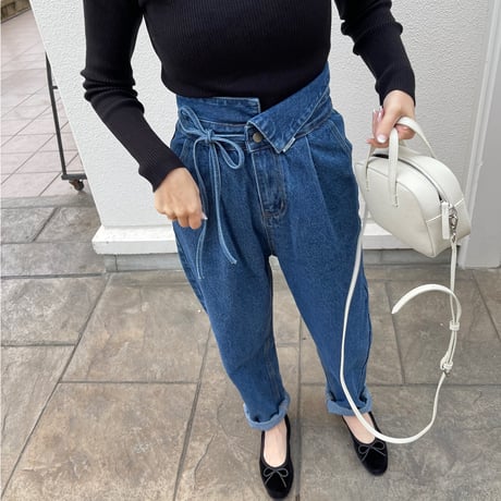 Ribbon high-waist rollup denim(Blue)